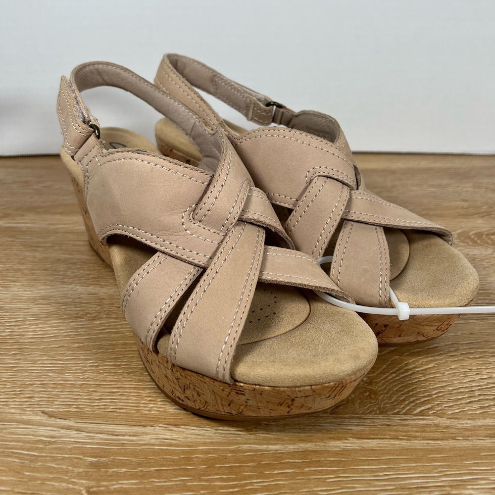 Clarks Rose Erin woven-strap cork wedge spring sandal, Women’s 7.5, sand nubuck